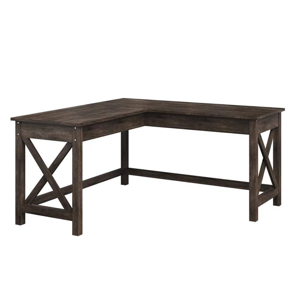 Lavish Home 59" L-Shaped Farmhouse Style Desk with Return for Home Office in Dark Gray Oak Finish