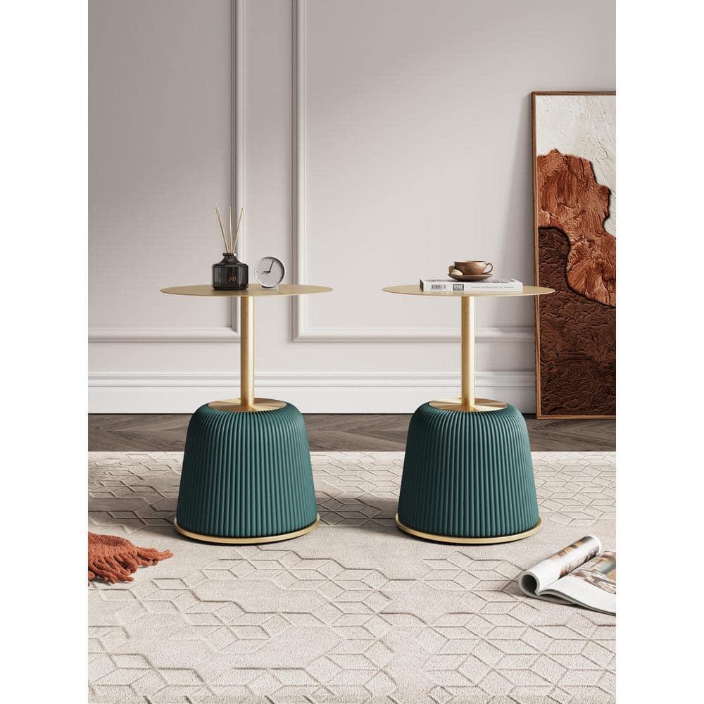 Manhattan Comfort Set of 2 Anderson Leatherette Upholstered End Tables with Gold Tabletop Green: Round, No Assembly, Stainless Steel Frame