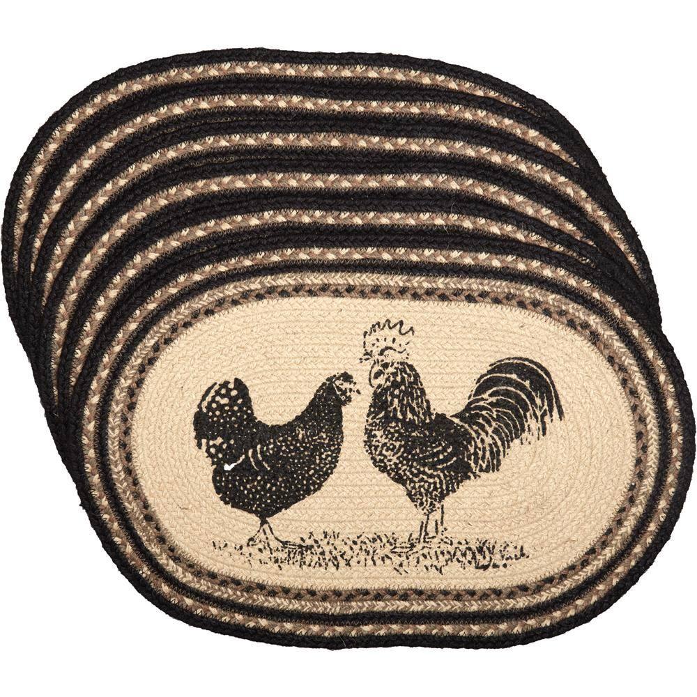 VHC Brands Sawyer Mill Poultry 12 x 18" Jute Placemats, Set of 6, Charcoal