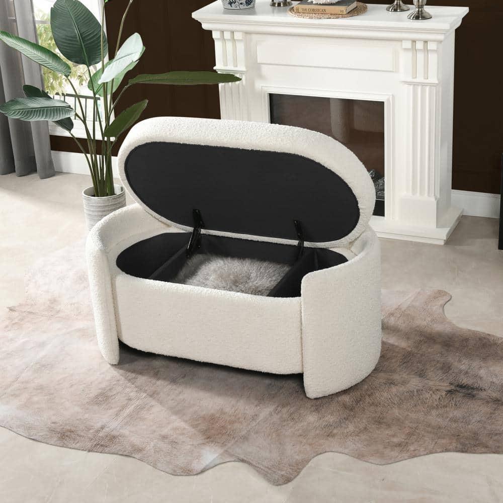 Jennifer Taylor Home Fuji 44" Upholstered Boucle Oval Storage Bench Ivory White