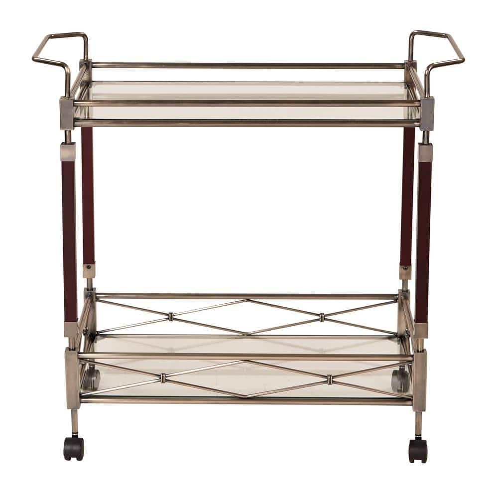 Melrose Serving Cart Antique Brass - OSP Home Furnishings: Mid-Century Glass Top, Metal Frame with Casters