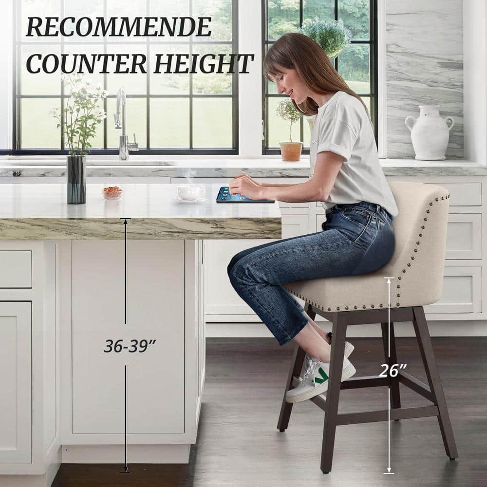 Zoi 26 in. Wood 360 Free Swivel Upholstered Bar Stool with Back, Performance Fabric in Linen. (Set of 3)