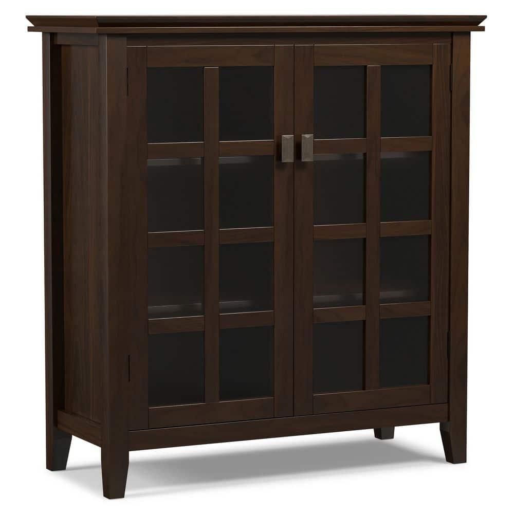 Simpli Home Artisan 38"W Solid Wood 4-Shelf Medium Storage Cabinet with Glass Doors and Adjustable Shelves