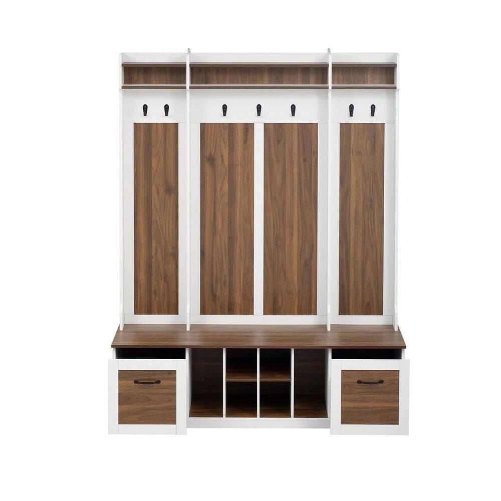 3 in 1 Hall Tree Coat Hanger Entryway Bench with 6 Hooks & Adjustable Shelves, Solid Wood Hallway Organizer with Storage Compartment for Hallway Living Room Mudroom, Brown