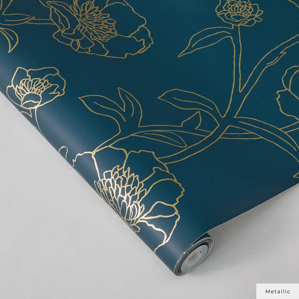 Tempaper & Co.® Peonies Removable Peel and Stick Wallpaper, Peacock Blue and Metallic Gold Floral, 28 sq. ft.: Vinyl Self-Adhesive