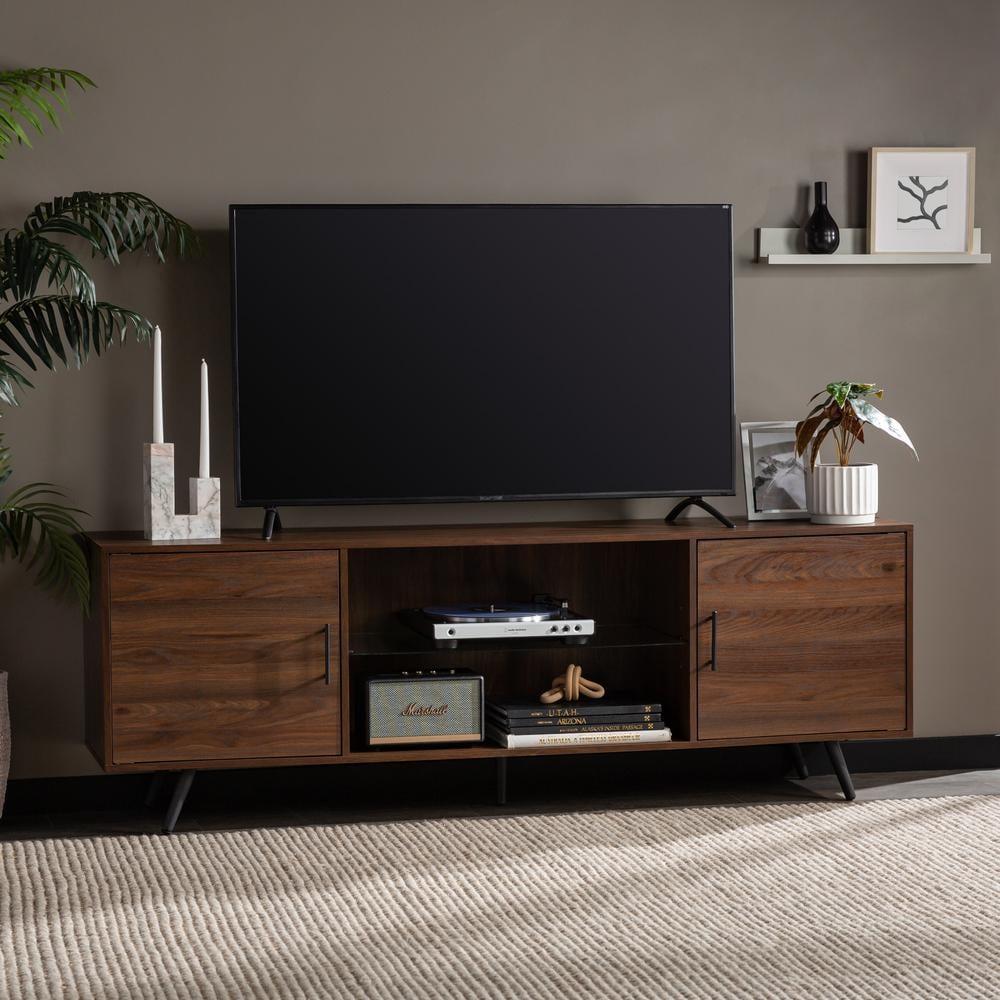 70" Dark Walnut Mid-Century Modern TV Stand with Cabinet