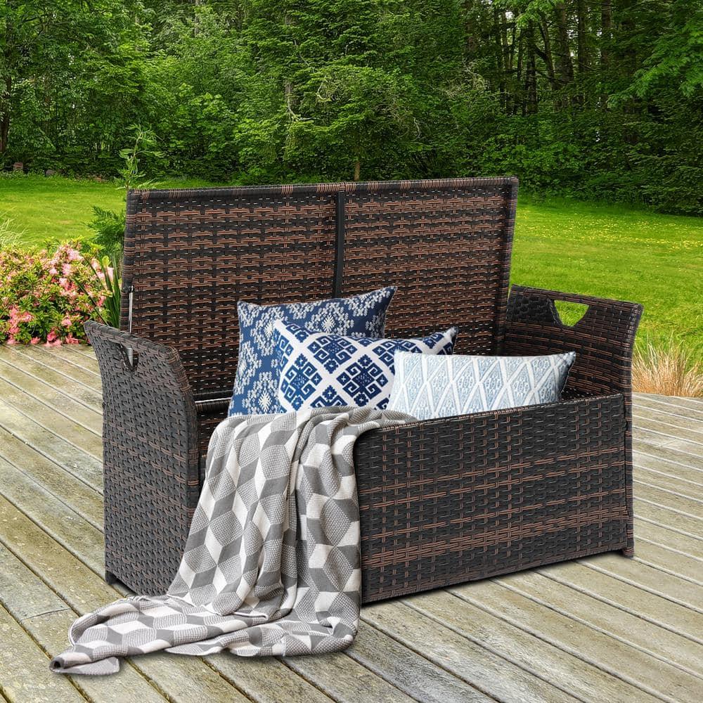 Brown Wicker Outdoor Storage Bench with Metal Frame
