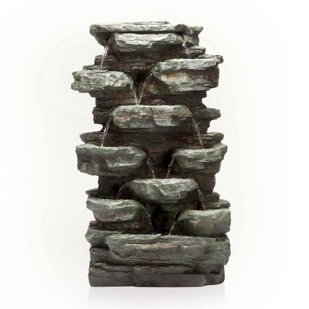 Gray Stone 39" Solar Powered Tiered Rock Fountain with LED Lights