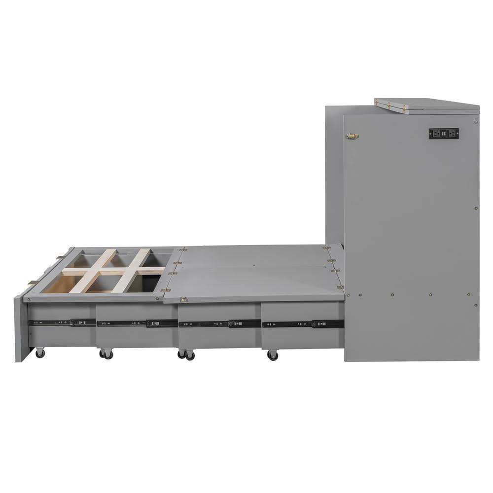 Gray Wood Frame Full Size Murphy Bed with A Spacious Drawer, USB Ports and Sockets, Pulley Structure Design