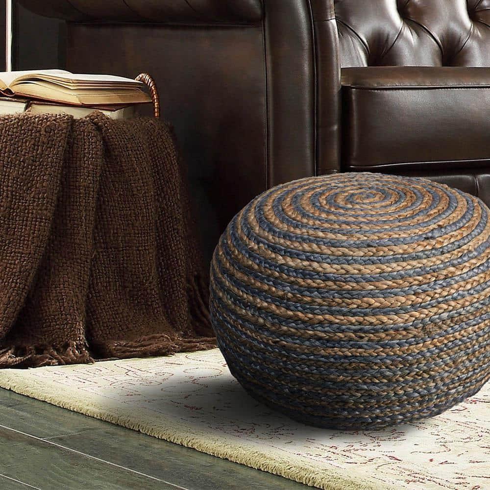 LR Home Savanna Round Grey/Natural Striped Indoor Pouf Ottoman, 20" H x 14" W