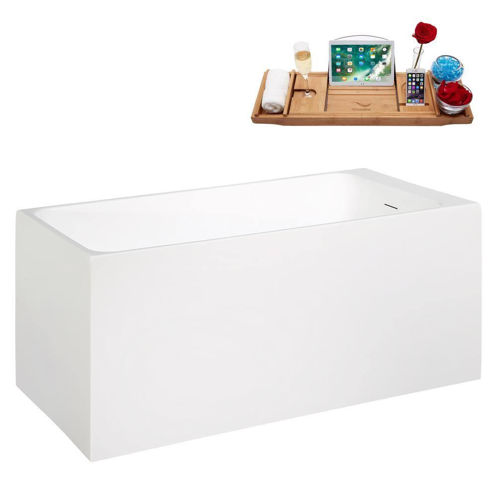 51" Streamline Soaking Glossy White Acrylic Freestanding Bathtub, Bamboo Tray, Drain