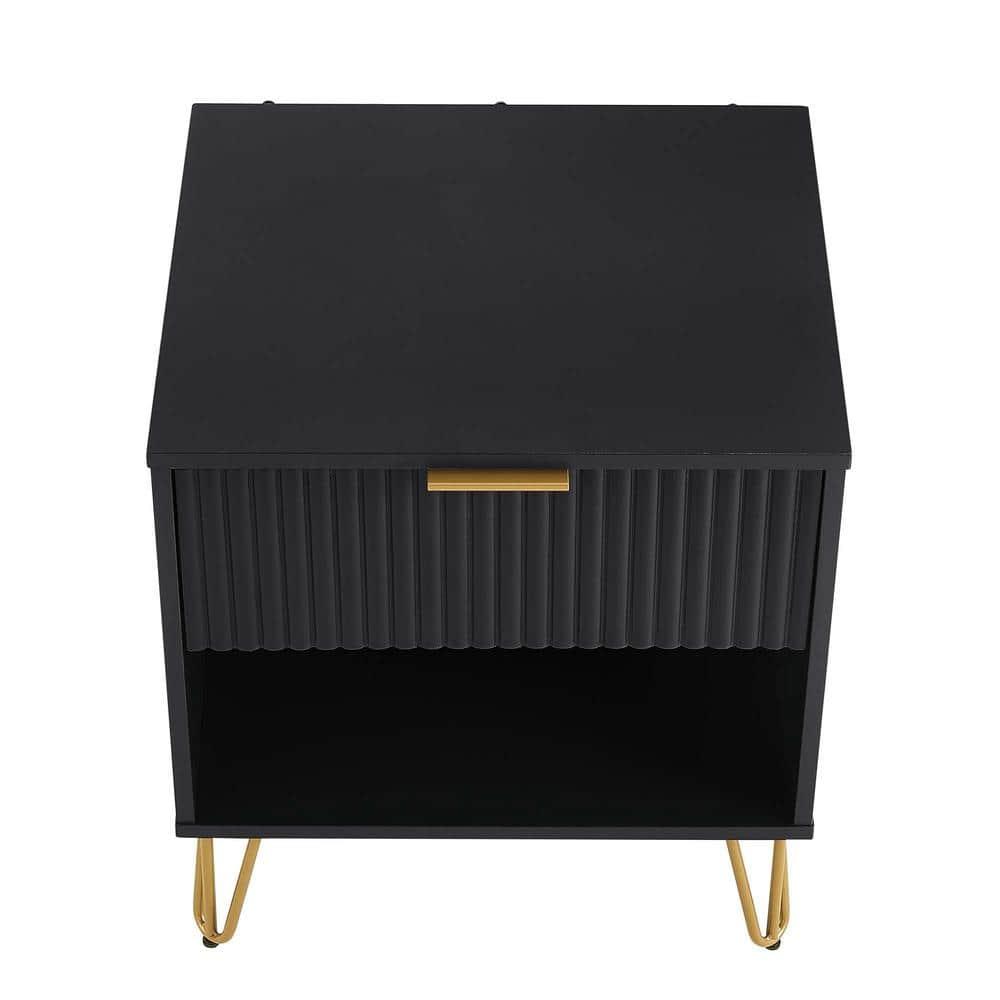Manhattan Comfort Dumbo Nightstand with Drawer Black: Modern Design, Splayed Metal Legs, Soft Close Storage