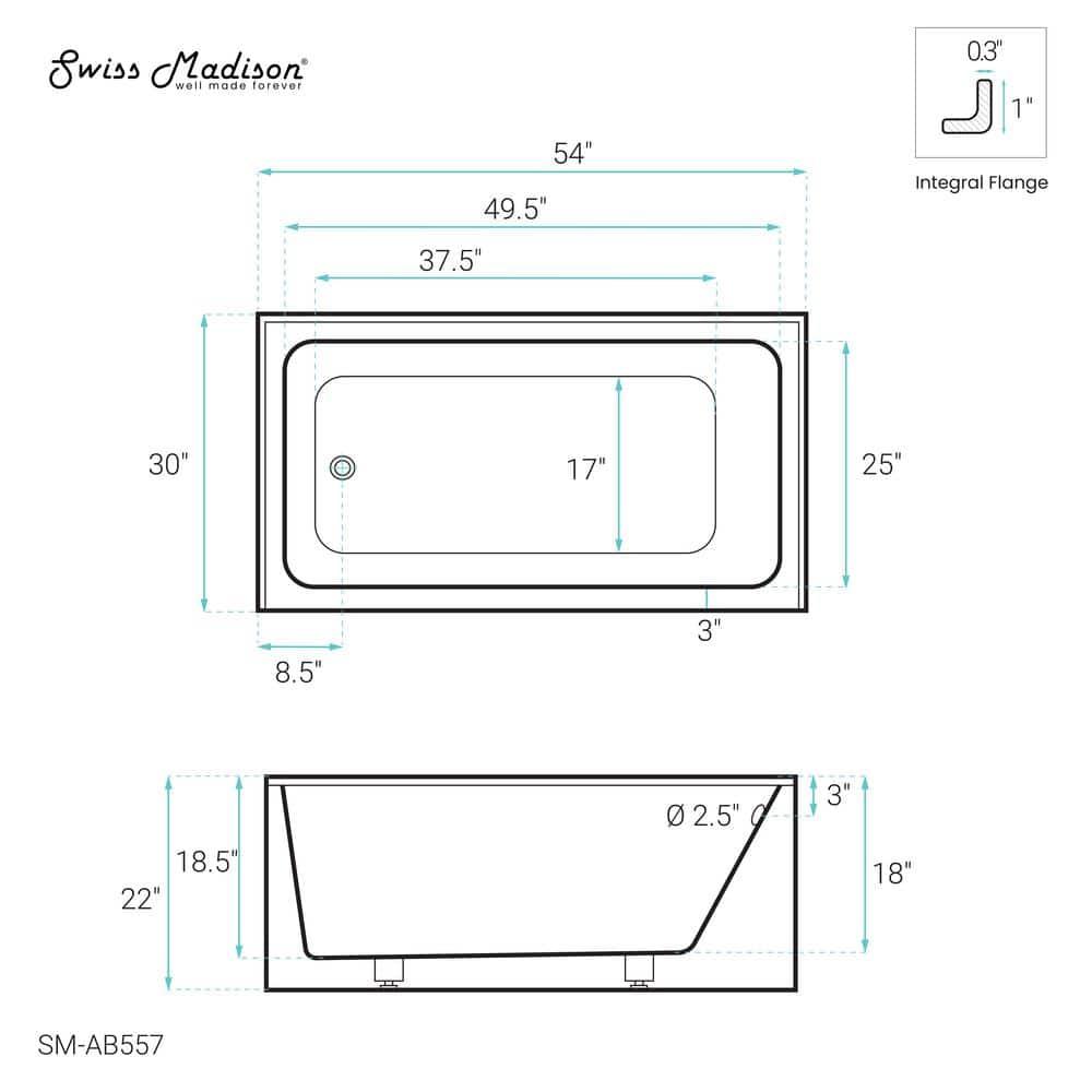 Swiss Madison Voltaire 54" x 30" Alcove Bathtub with Apron SM-AB557