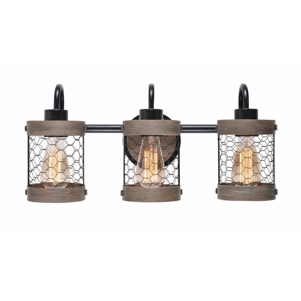 Co-t Kenroy Home Industrial Farmhouse 3-Light Bath Vanity Fixture With Chicken Wire Mesh Shades & Distressed Wood Accents