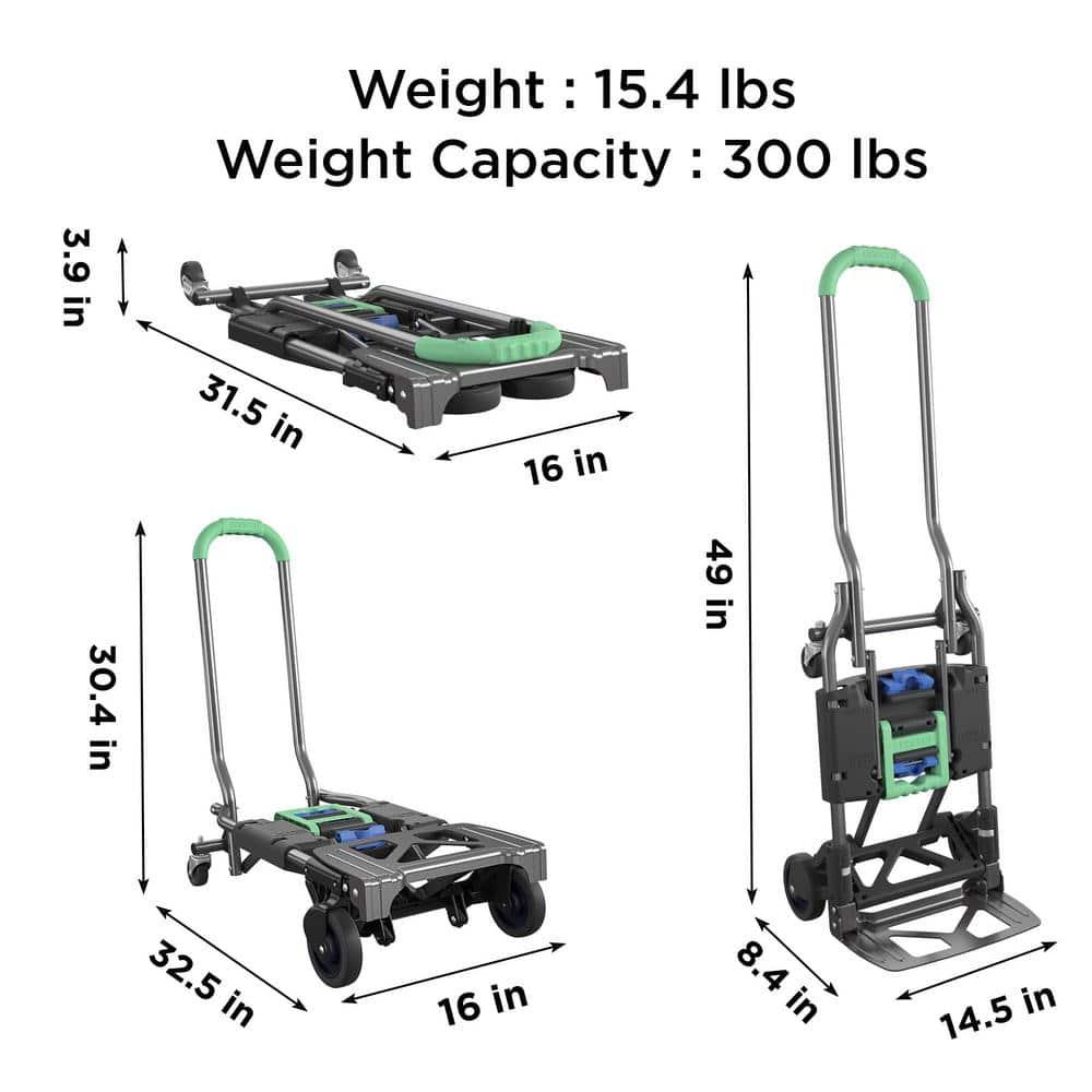Cosco Shifter Multi-Position Folding Hand Truck and Cart Green: Metal Convertible Dolly, 300 lb Capacity, No Assembly Required