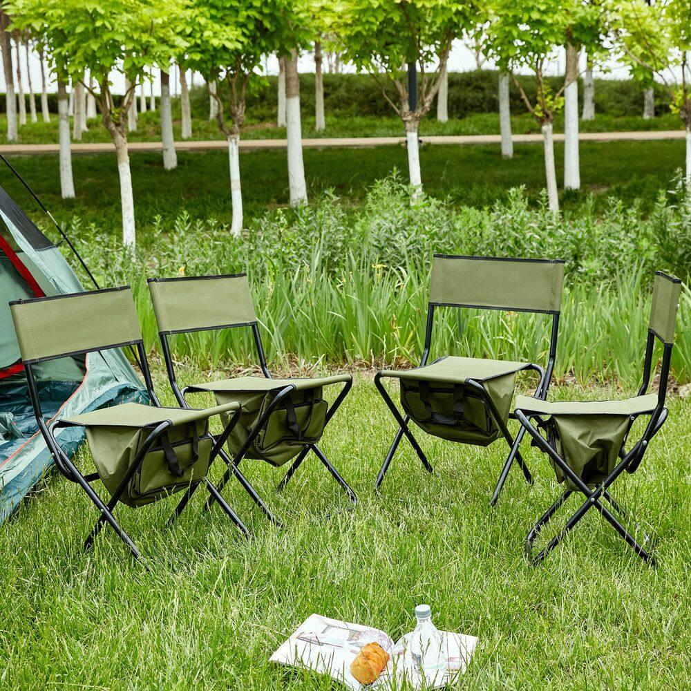 Green Steel Armless Folding Camping Chairs with Storage Bag, Set of 4