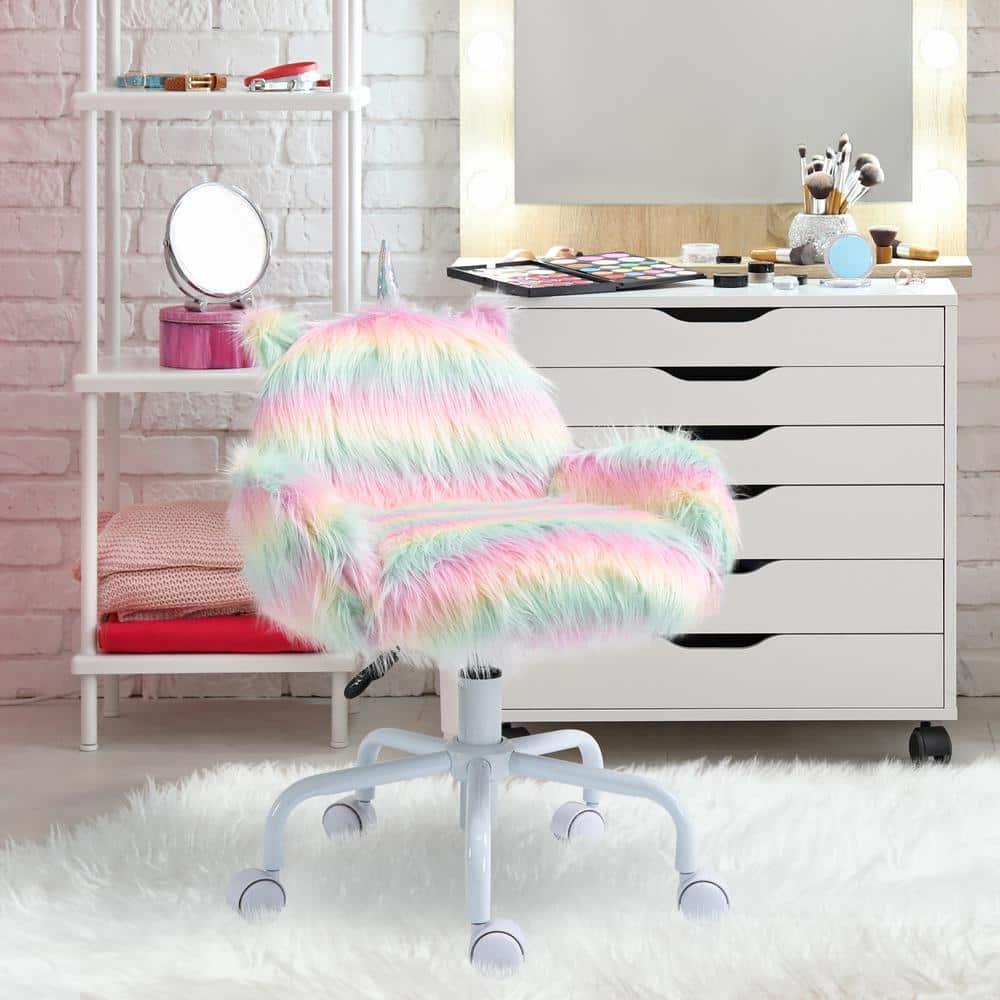 Canddidliike Fluffy Unicorn Office Chair, Desk Chair with Mid-Back and Armrest Support, Desk Chair with 5 Star Swivel Wheel White Base, Multicolored