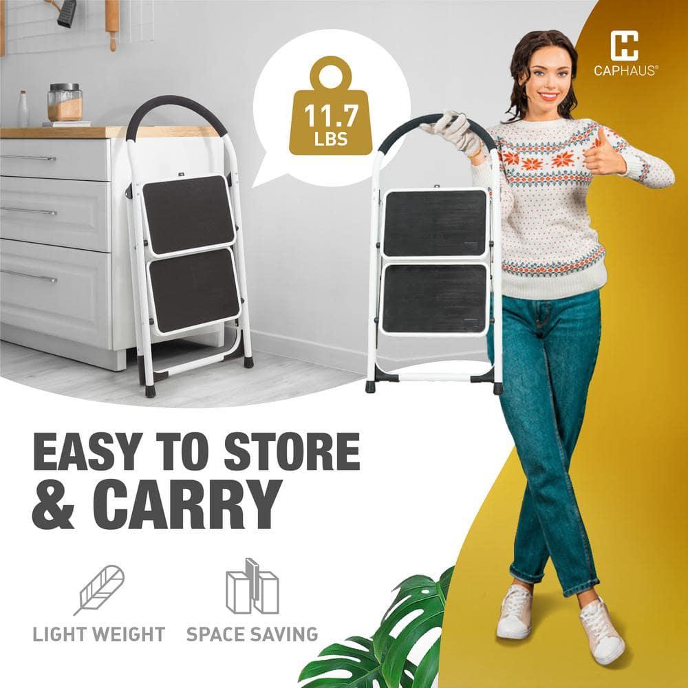 CAPHAUS 2-Step Ladder, Portable Folding Step Stool with Extra Wide Anti-Slip Pedal, Heavy Duty Foldable Small Step Ladder with Hand Grip, ANSI A14.11 Certified Sturdy Step Stool, Black