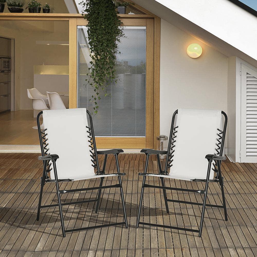 Set of 2 Cream White Steel Folding Outdoor Chairs with Armrests