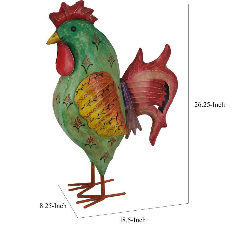 Benjara Rookie Painted Rooster, Garden Decor, Green Red Yellow Metal, 26 Inch
