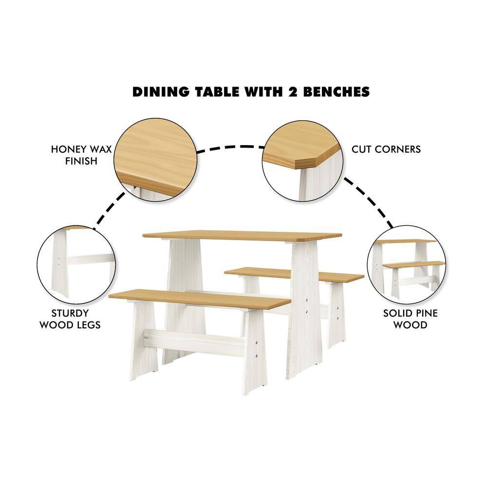 Urban Home Furniture Chapman 3 Piece Casual Dining 2-Tone Natural/White Solid Pine Wood Kitchen Table Set with 2 Benches, Kitchen Dining Set