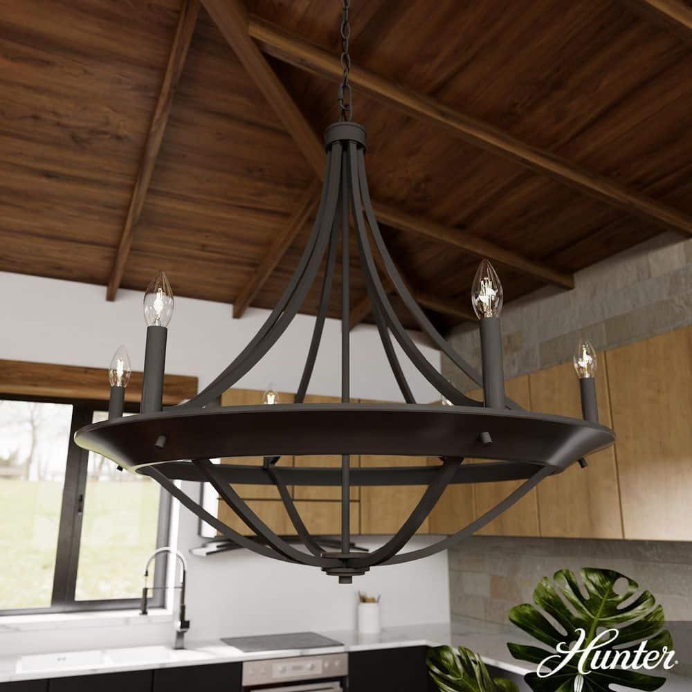 Hunter - Perch Point 6-light Noble Bronze, Large Chandelier, Dimmable, Casual Style, Empire Shaped, for Bedrooms, Kitchens, Dining, Living Rooms - 19414