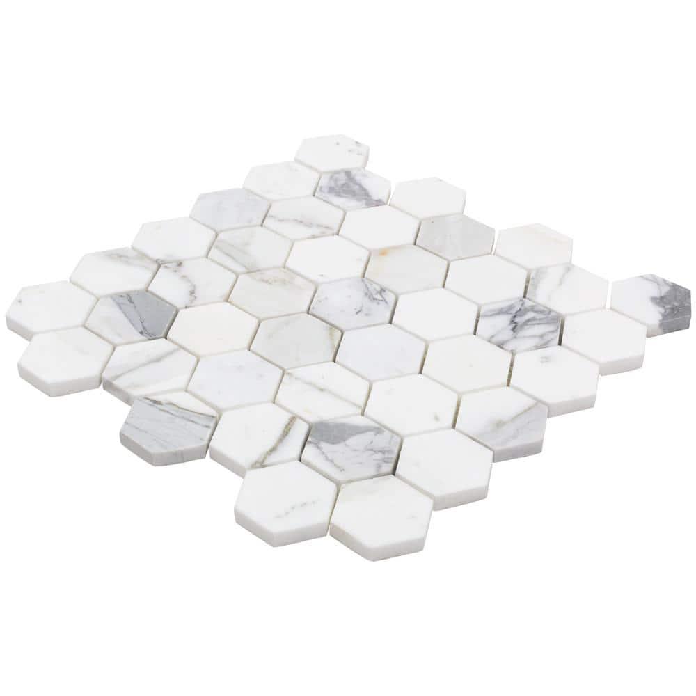 Hexagon Marble Mosaic Tile in White/Gray
