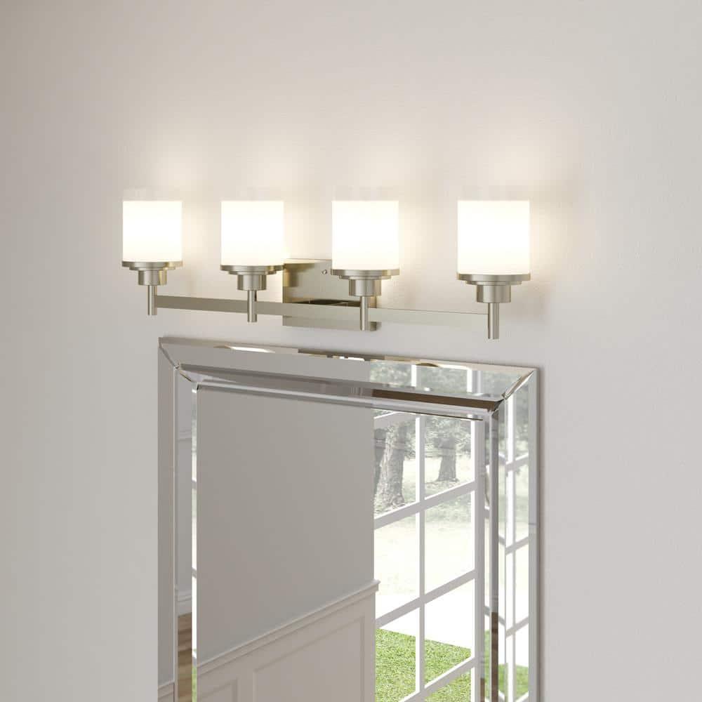 Progress Lighting Alexa Collection 4-Light Bath Fixture, Brushed Nickel, White Linen Glass Shade