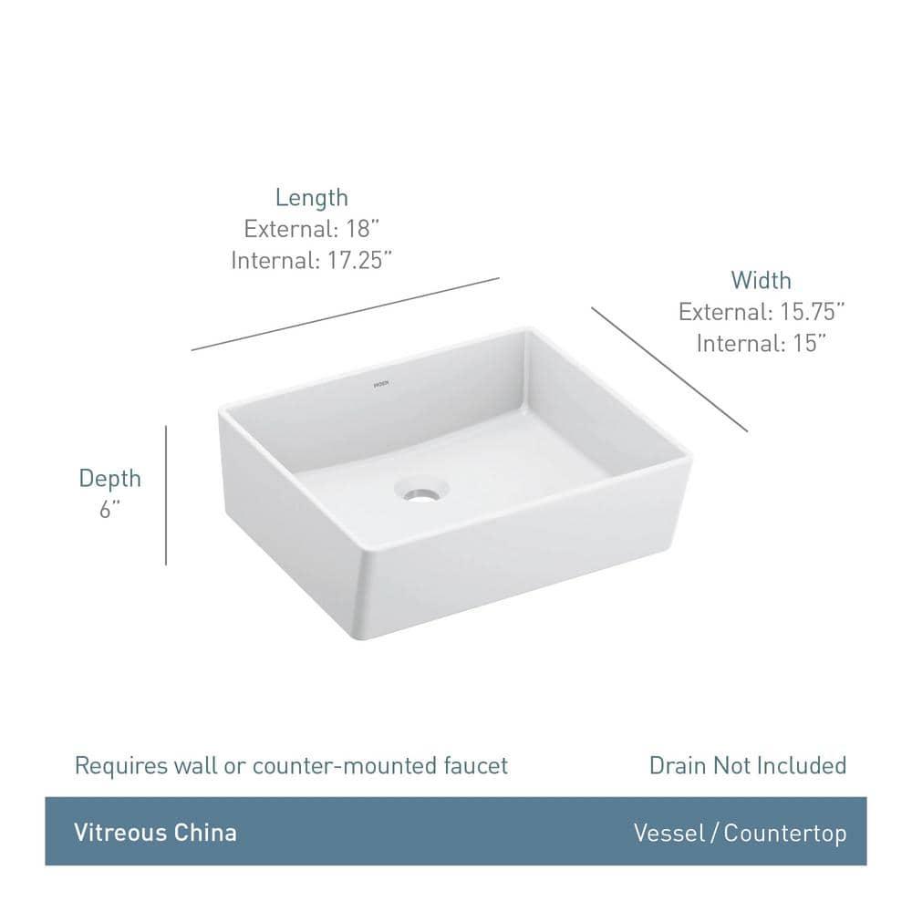 Moen BGCW10RV1618 White Vitreous China Vessel Sink For Bathroom, 18 X 15.75 X 6 Inch Rectangle Sink With Porcelain Ceramic Bowl