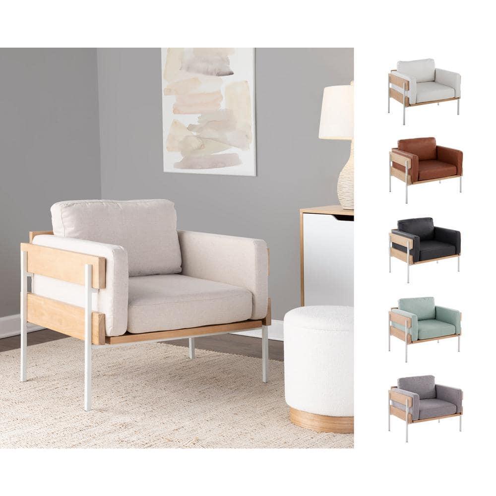 LumiSource Kari Accent Chair White/Natural/Camel: Faux Leather Upholstery, Metal Legs, Foam Fill, 250lb Capacity