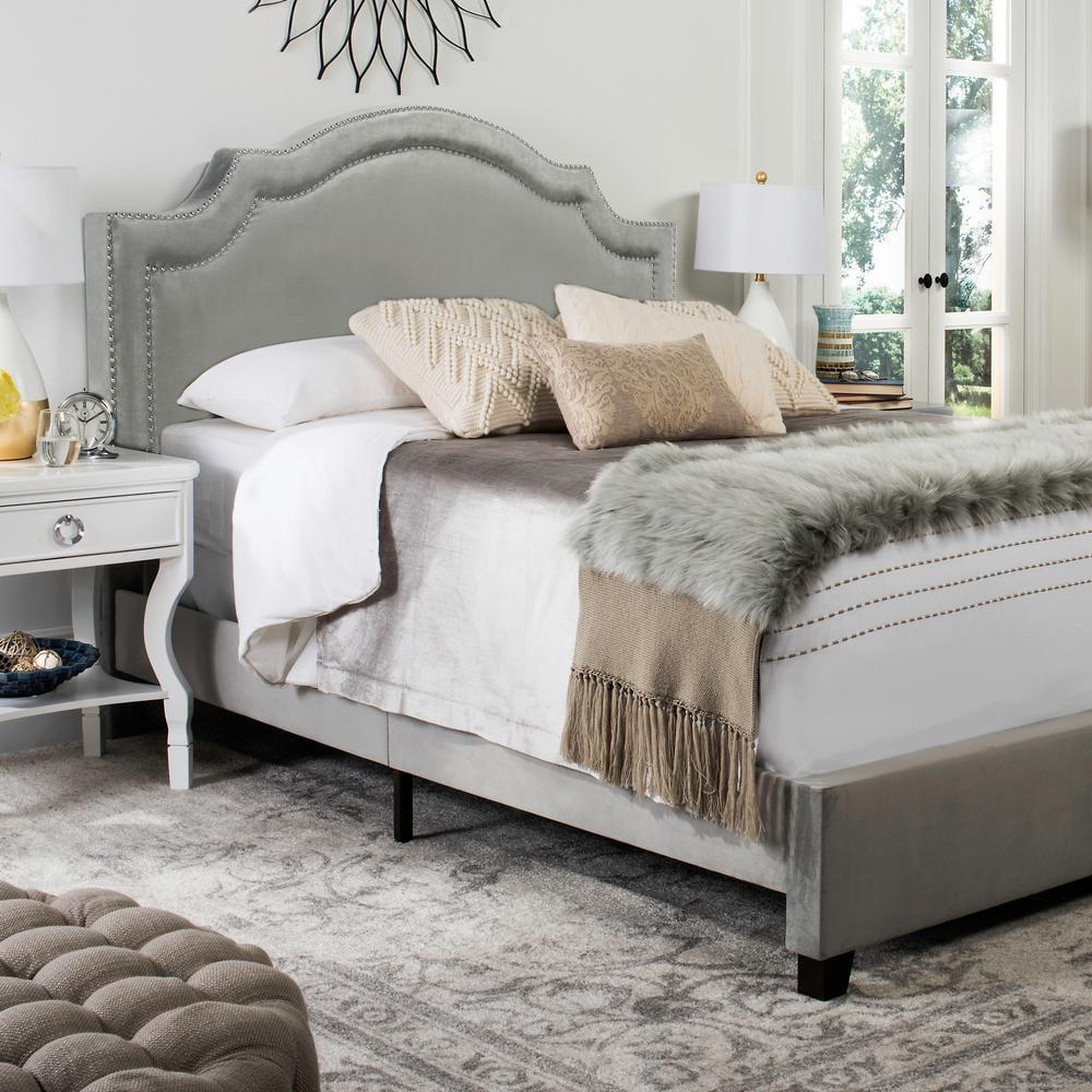SAFAVIEH Theron Modern Elegant Upholstered Bed Frame with Nail Heads, Full, Pewter