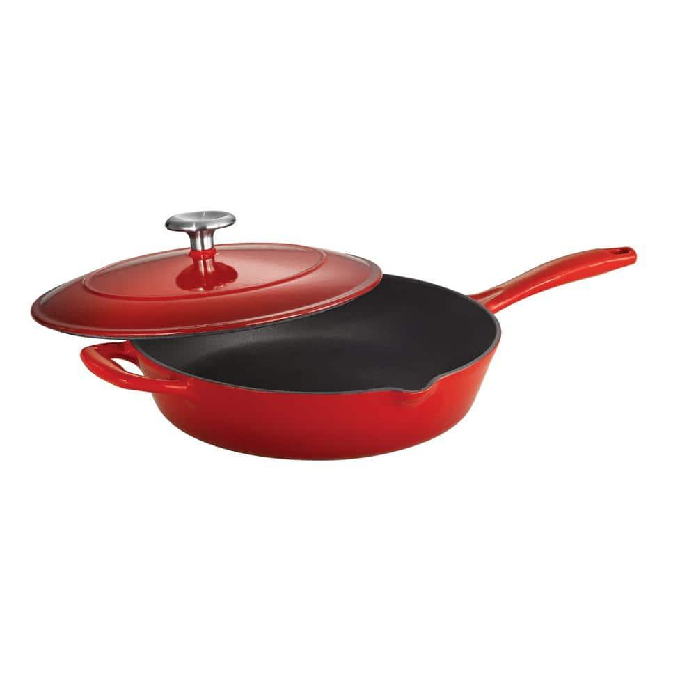10-Inch Red Enameled Cast Iron Skillet with Lid