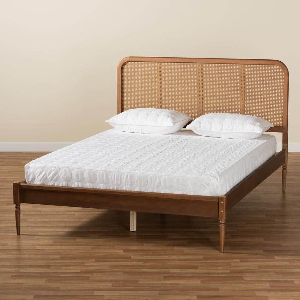 Queen Elston Wood & Synthetic Rattan Platform Bed: Mid-Century Design, No Box Spring - Baxton Studio