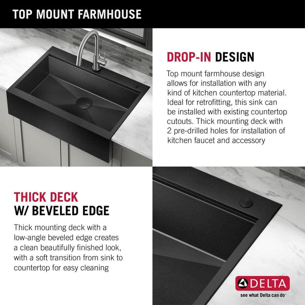 Delta Rivet™ Black Stainless Steel Retrofit Farmhouse Apron Front 16 Gauge Workstation Kitchen Sink Single Bowl