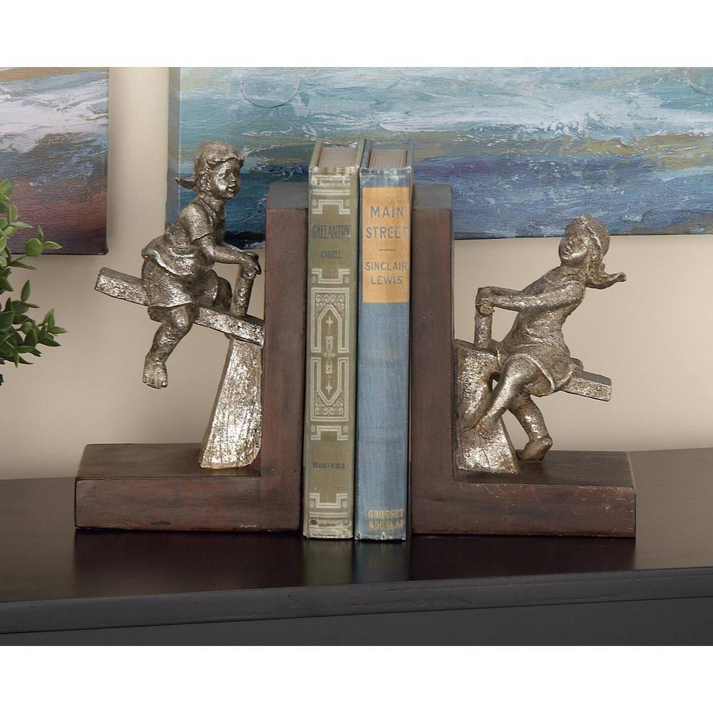 DecMode 4" People Brown Polystone Bookends with Swing Set (Set of 2)