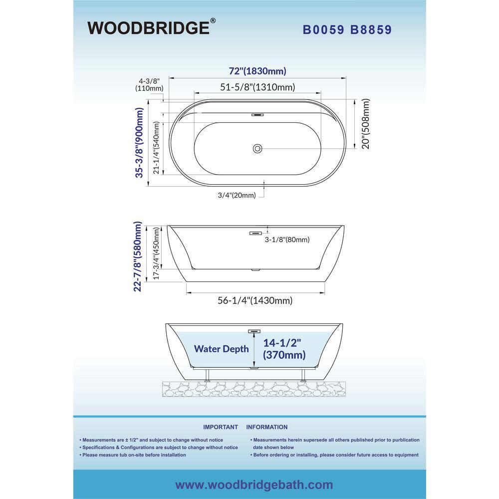WoodBridge 72'' x 35.375'' Freestanding Acrylic Double Ended Bathtub with Wide Rim,  - Available in Glossy White/Black, with 5 Finish Options for Trim B0059-MB