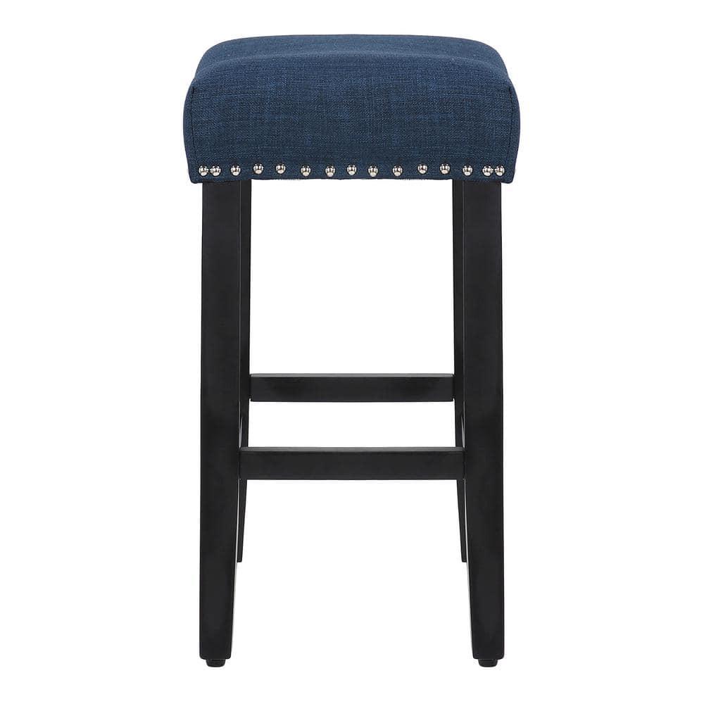 Westin Outdoor Yazan 24" Upholstered Bar Stool with Nail Head Trim (Set of 2), Black/Navy Blue