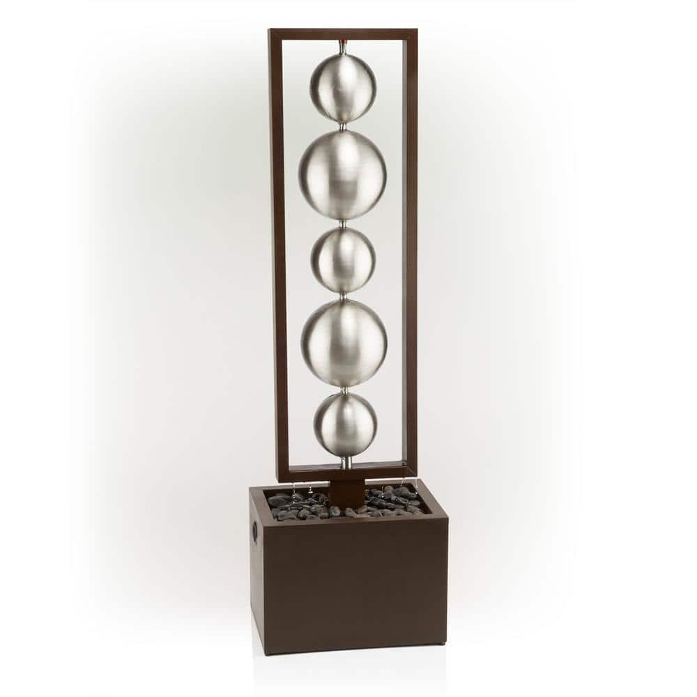 55" Metal Modern Column Fountain with Stainless Steel Orbs Silver/Brown - Alpine Corporation: Electric-Powered