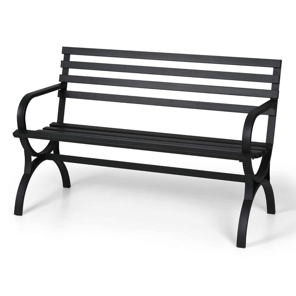 PHI VILLA Outdoor Garden Bench, 48” Long Metal Steel Bench with Backrest and Armrests, Modern Slatted Design for Patio, Lawn, Yard, Porch - Black