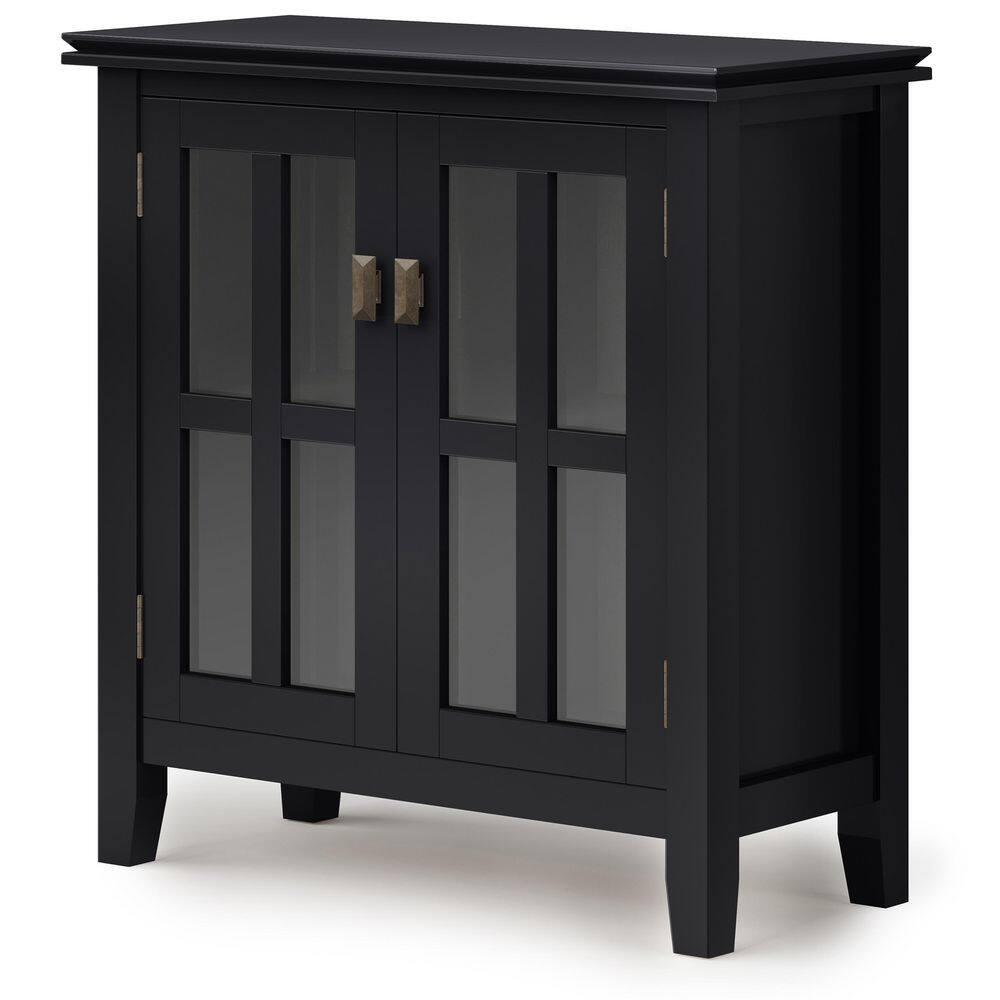 Simpli Home Artisan 30"W Solid Wood 2-Shelf Low Storage Cabinet with Glass Doors and Adjustable Shelves