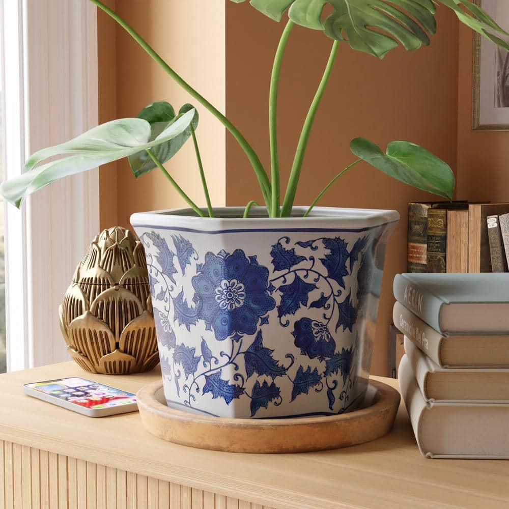 Oriental Furniture 10" Floral Blue & White Porcelain Flower Pot