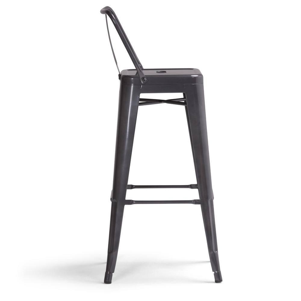 Simpli Home Rayne Metal Industrial Stool with Curved Back, Cross-Brace, and Footrest