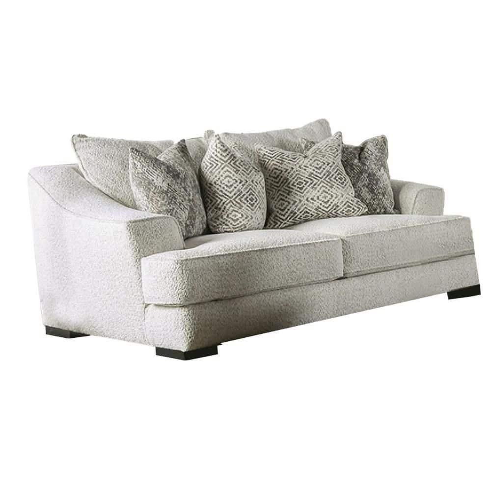 Benjara Syma Loveseat, Ivory Boucle, 4 Throw Pillows, Track Arms, 84 Inch