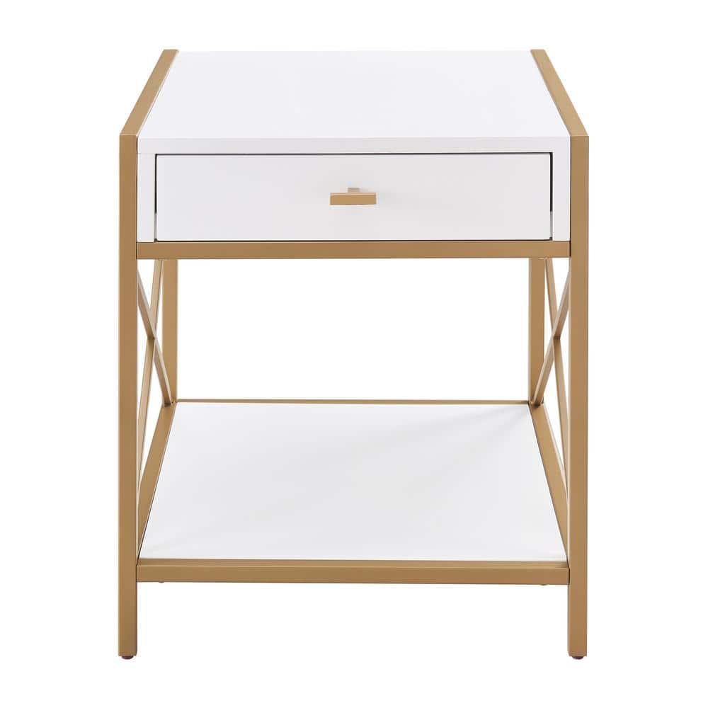 Leick Home Claudette Mixed Metal and Wood 1-Drawer End Table with Shelf, White/Gold
