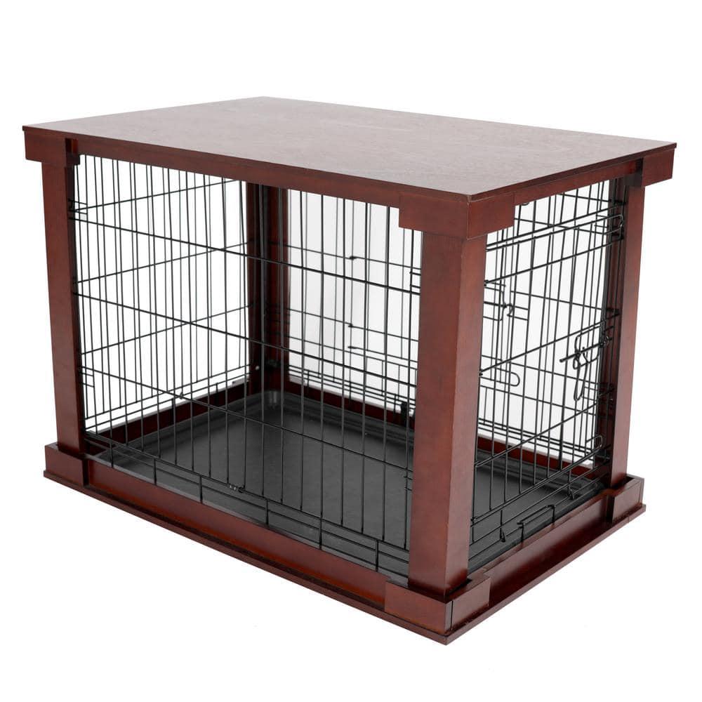Merry Products 2 Door Decorative Pet Kennel with Wooden Protection Cover, Divider Insert, and Removable Tray End or Side Table, Large, Brown