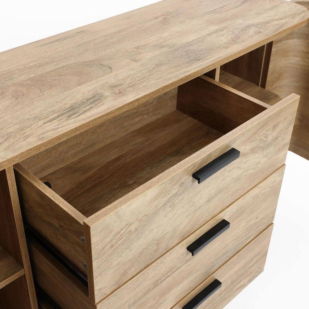 LuxenHome Sideboard Buffet Cabinet with Storage, 59'' Wide Natural Oak Manufactured Wood Accent Console Cabinet with 2-Door and 3-Drawer