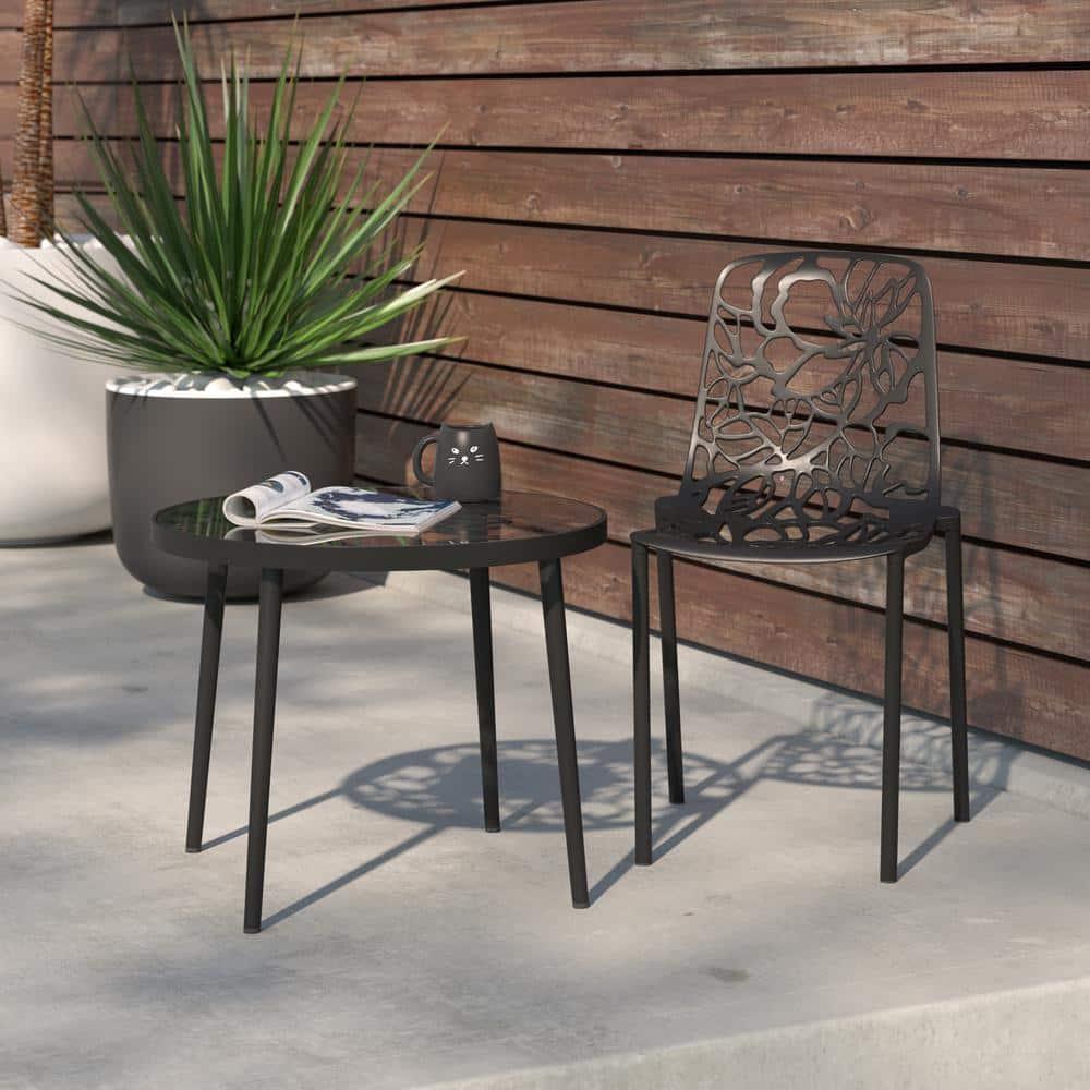 LeisureMod Devon Modern Aluminum Outdoor Stackable Dining Chair, Black