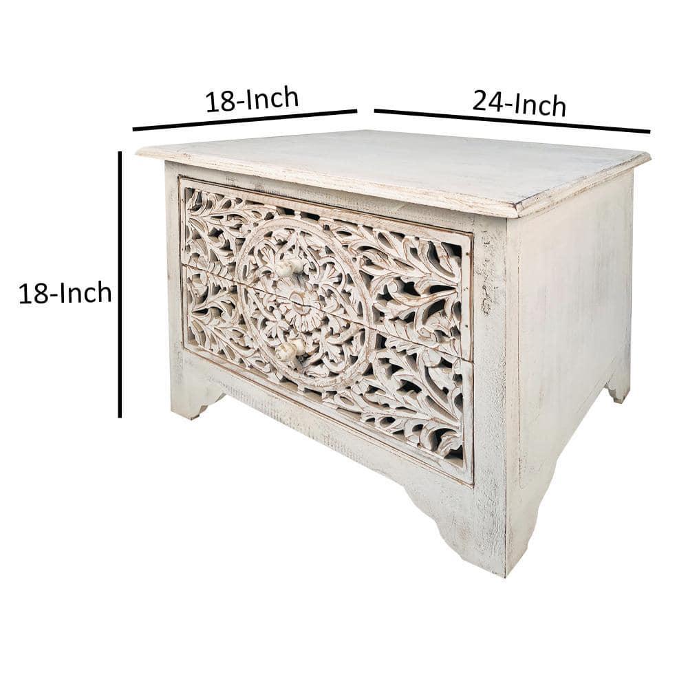 The Urban Port 24" Handcrafted Mango Wood Nightstand Side Table 2 Drawers Floral Carved Cut Out Design Antique White