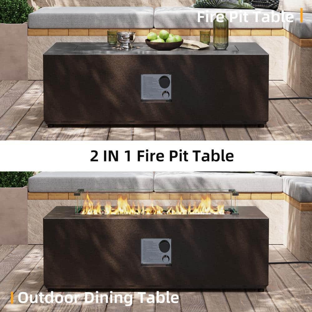 UPHA 42-inch Outdoor Propane Rectangle Fire Pit Table 50000 BTU Iron Gas FirePit for Outside Patio with Tank Cover, Removable Lid, Lava Rocks, Rain Cover, Brown