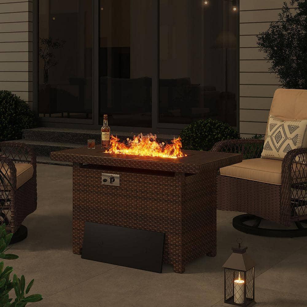 Gyutei44-in Rectangle 50,000 BTU PE Rattan Propane Fire Pit Table with Lid, Non-Glass Wind Cover